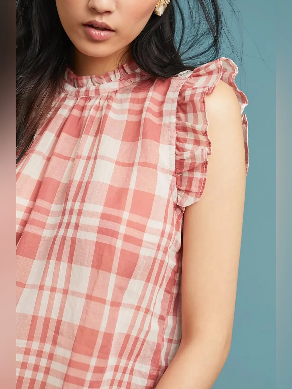 Anthropologie Isabella Sinclair Plaid Red Sheer Cotton Ruffle-Sleeve Top Sz M